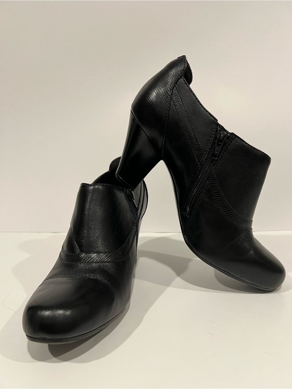 Clarks Black Leather Ankle Booties with Block Heel
